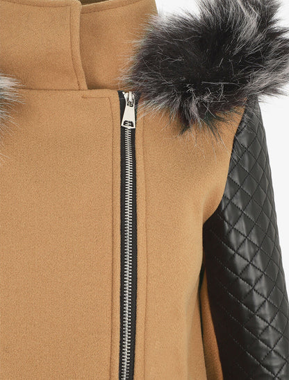 Manteau à capuche et à manches en simili - Camel - 3