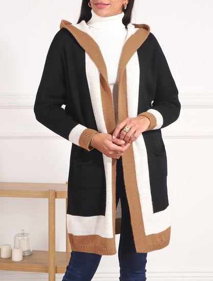 Gilet long rayé à capuche - Noir - 4