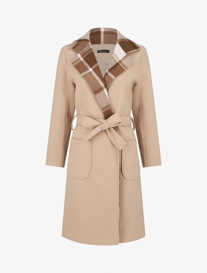 Manteau long à col imprimé carreaux - Beige - 1