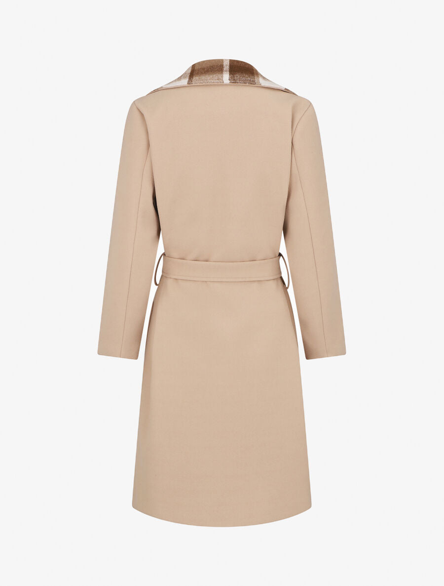 Manteau long à col imprimé carreaux - Beige - 2