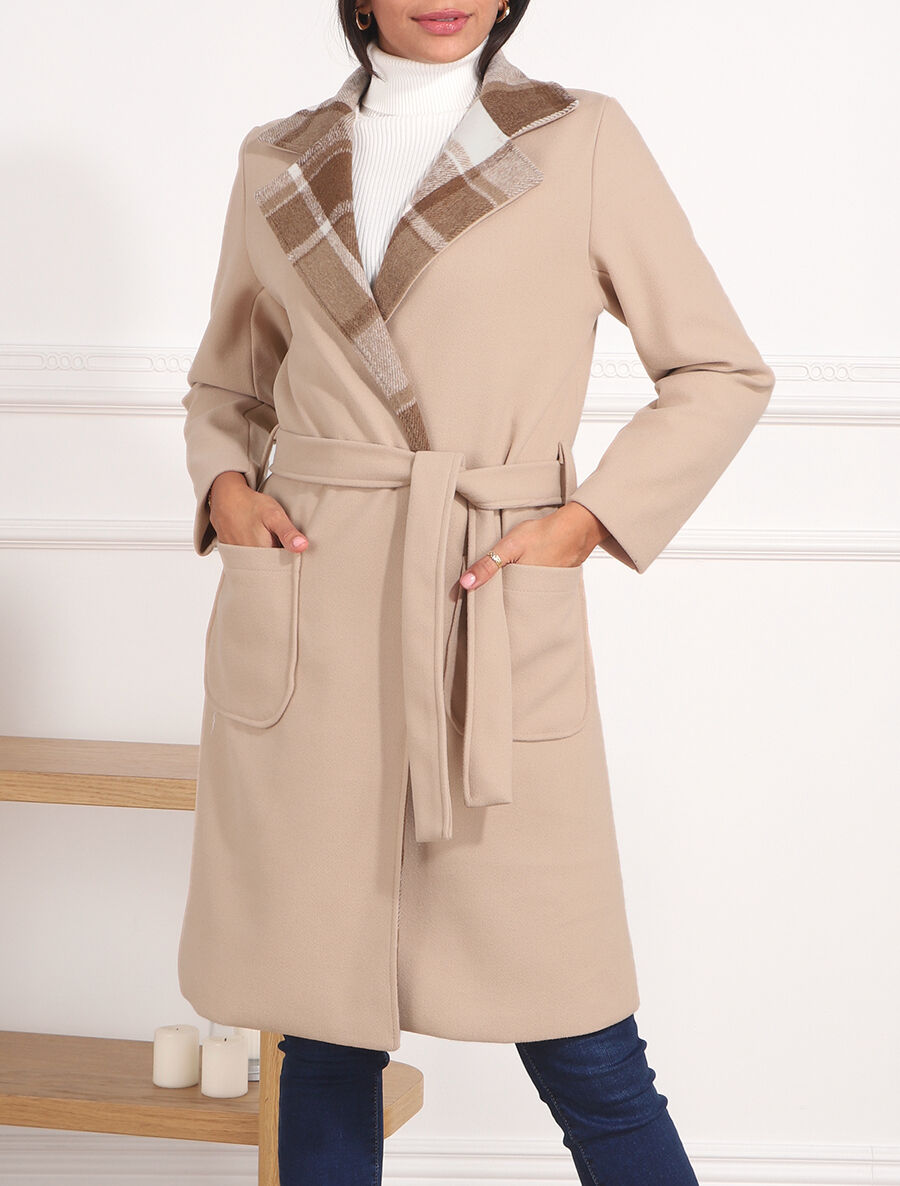 Manteau long à col imprimé carreaux - Beige - 4