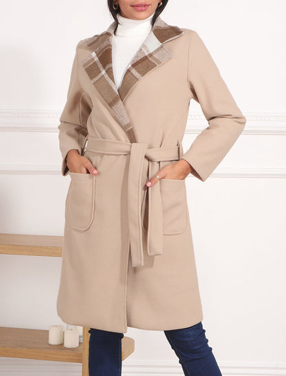 Manteau long à col imprimé carreaux - Beige - 4