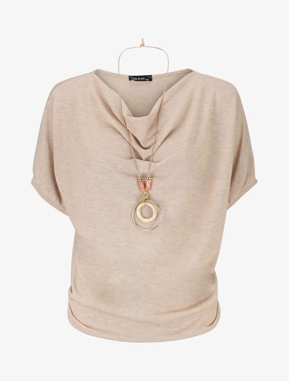 Pull fin manches courtes à col bénitier - Beige - 5