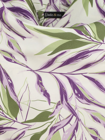 Top satiné imprimé feuilles à col bénitier - Crème - 3