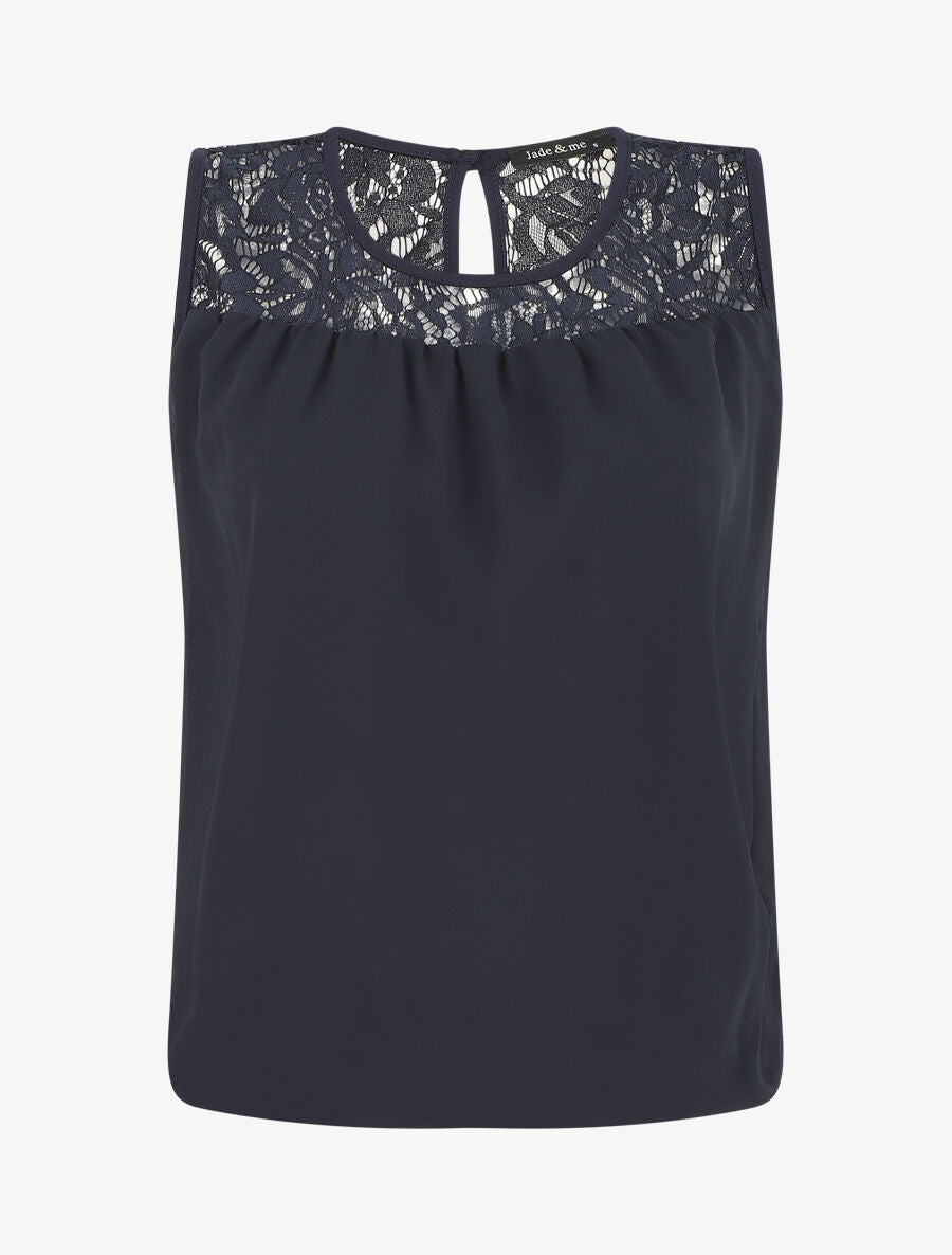 Top sans manches col en dentelle - Marine - 1