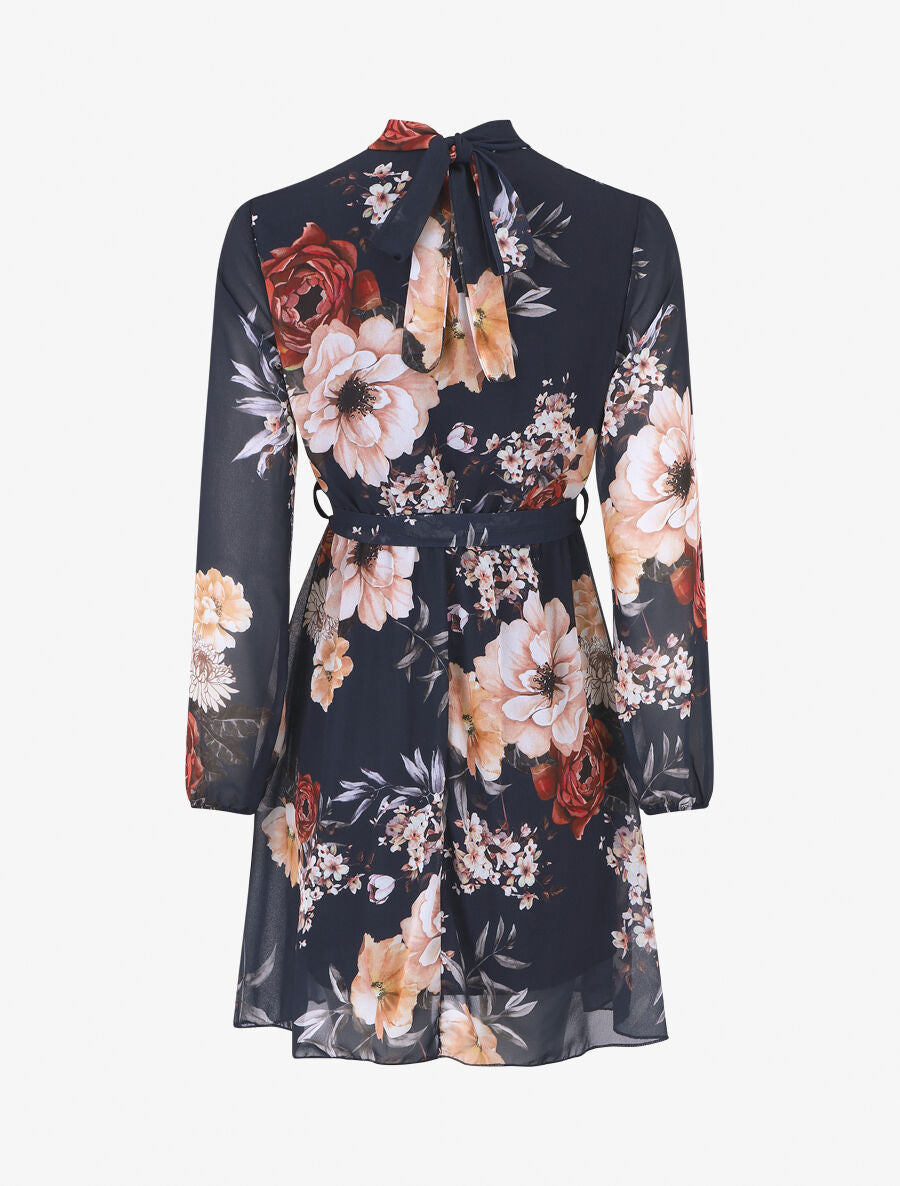 Robe imprimé floral manches longues col montant - Marine - 2