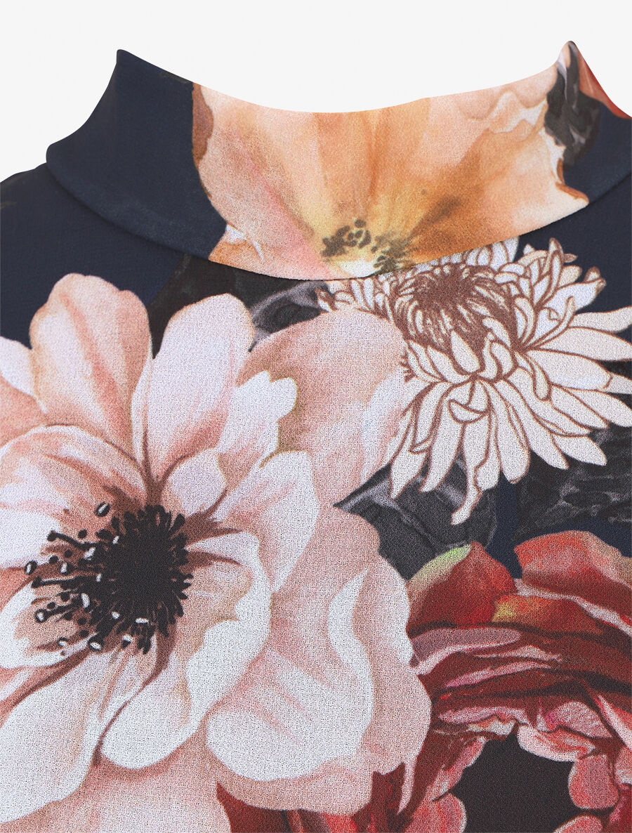 Robe imprimé floral manches longues col montant - Marine - 3