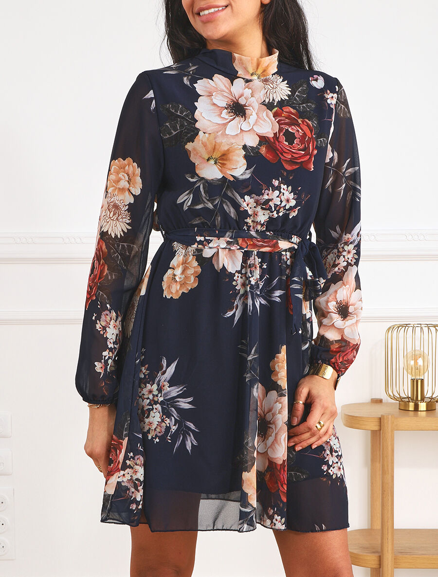 Robe imprimé floral manches longues col montant - Marine - 4