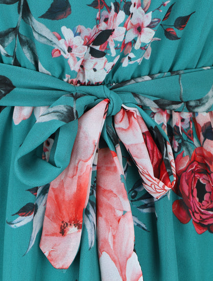 Robe imprimé floral manches longues col montant - Bleu canard - 3