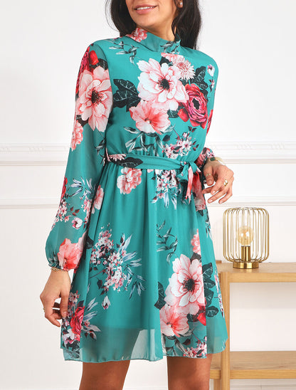 Robe imprimé floral manches longues col montant - Bleu canard - 4