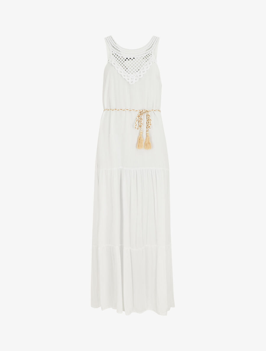 Robe longue bohème sans manches col en crochet - Blanc - 5