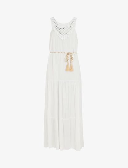 Robe longue bohème sans manches col en crochet - Blanc - 5