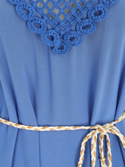 Robe longue bohème sans manches col en crochet - Bleu roi - 3