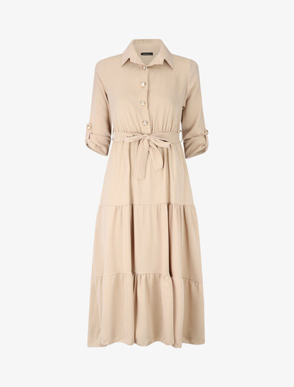 Robe longue à manches longues retroussables - Beige - 1