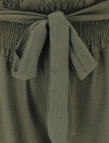 Pantalon uni à taille élastiquée - Kaki - 3