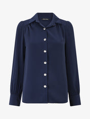 Blouse unie à manches longues - Marine - 1