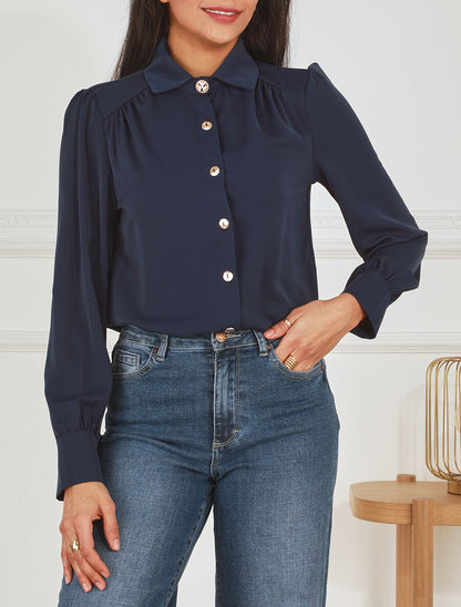 Blouse unie à manches longues - Marine - 4