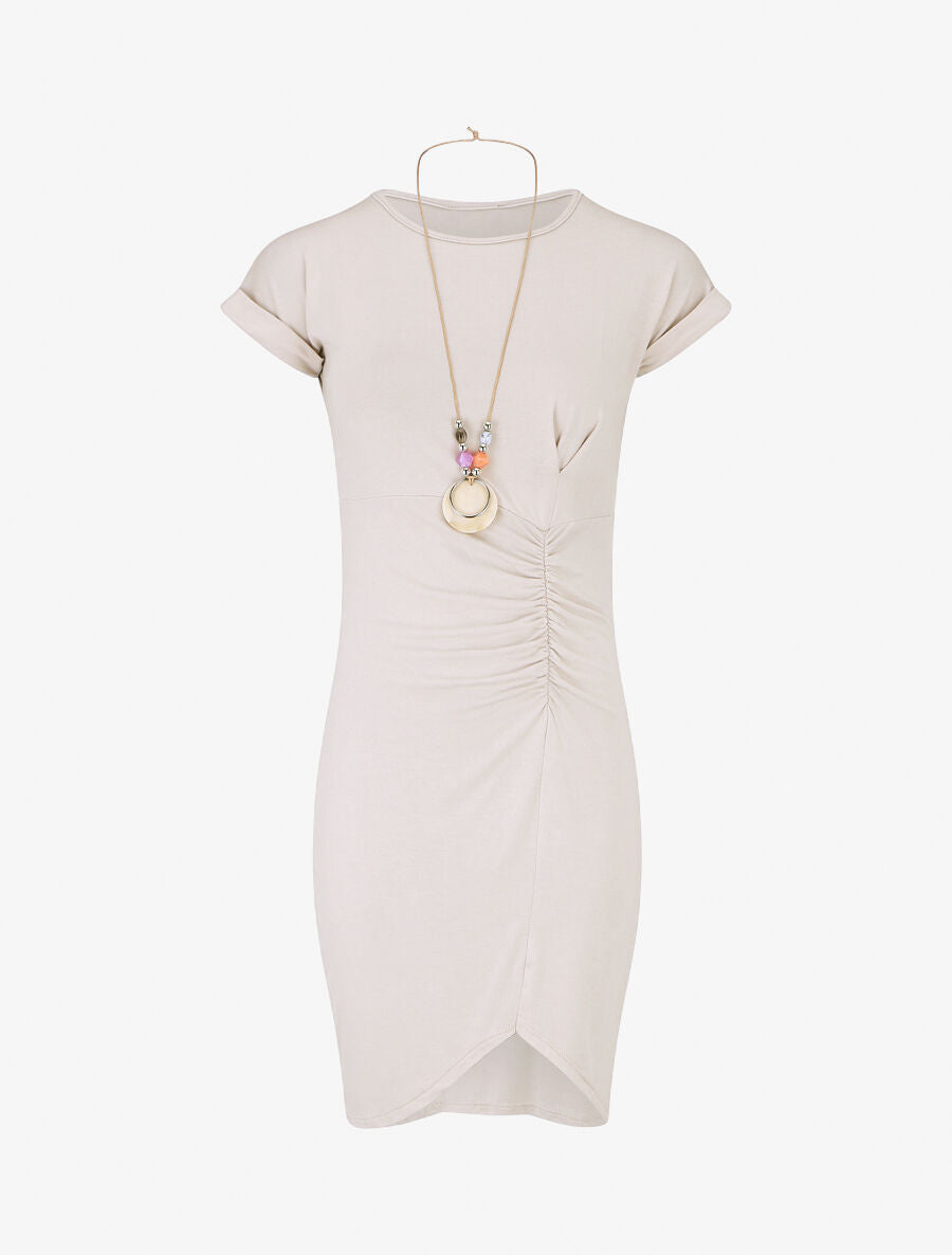 Robe froncée unie manches courtes - Beige - 5