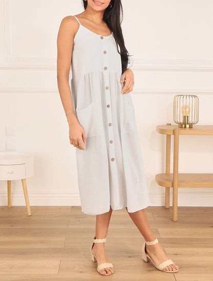 Robe longue boutonnée unie à fines bretelles - Blanc - 4