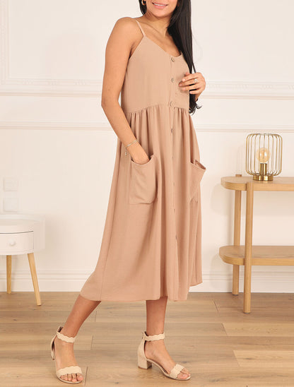 Robe longue boutonnée unie à fines bretelles - Beige - 4