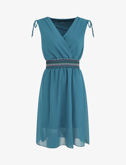 Robe mi-longue sans manches taille élastiquée stylisée - Bleu canard - 1