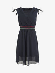 Robe mi-longue sans manches taille élastiquée stylisée - Marine - 1