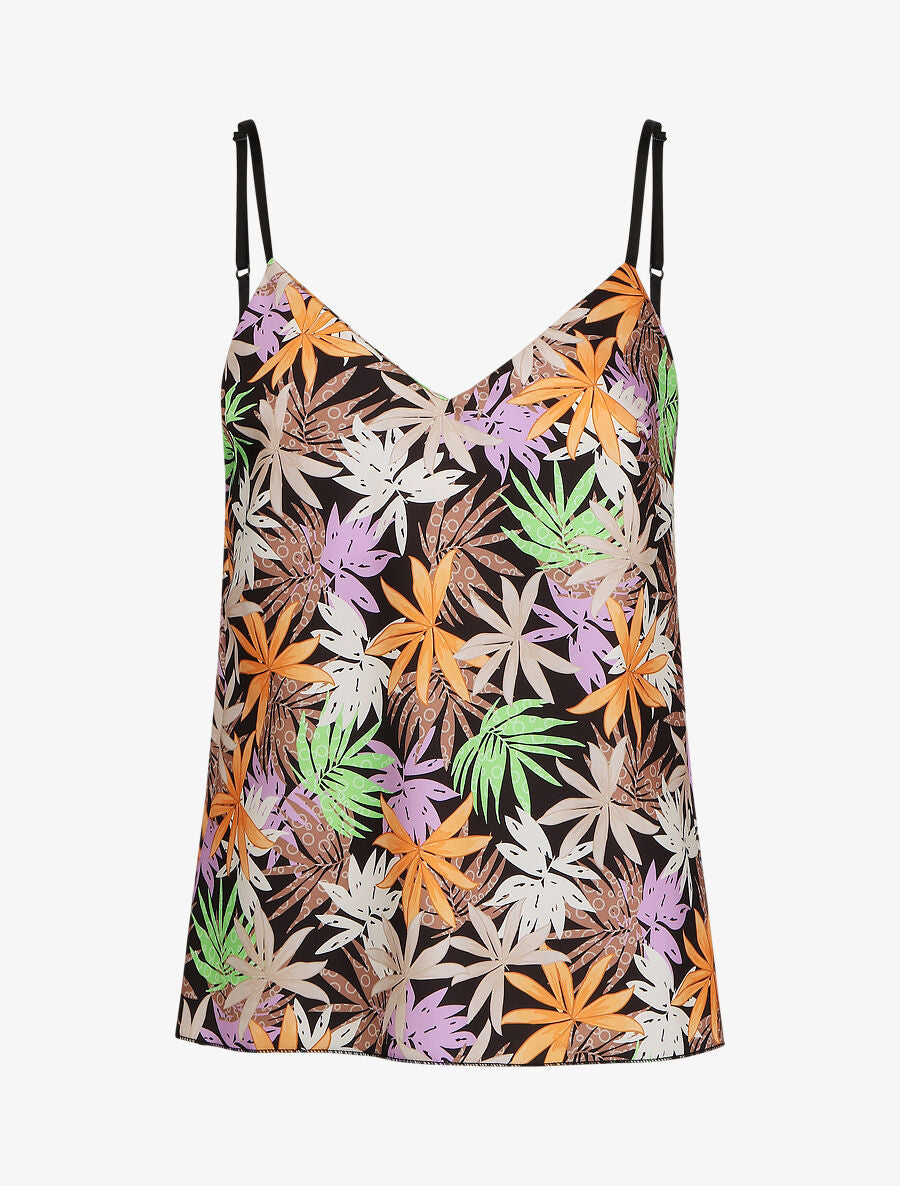 Caraco droit satiné imprimé feuilles fantaisies - Noir - 1