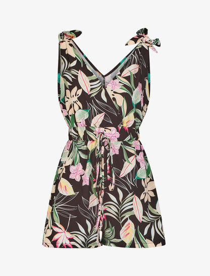 Combishort imprimé fleurs à taille élastiquée - Noir - 4