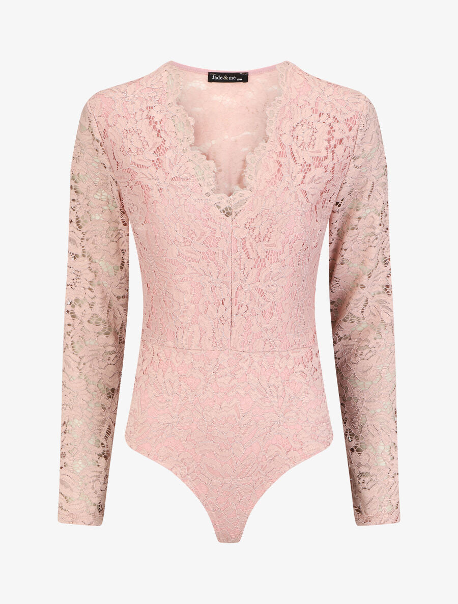 Body en dentelle à manches longues - Rose - 4