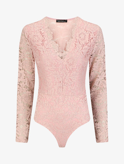 Body en dentelle à manches longues - Rose - 4