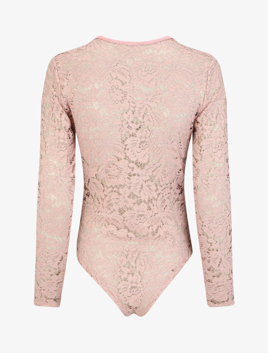 Body en dentelle à manches longues - Rose - 5