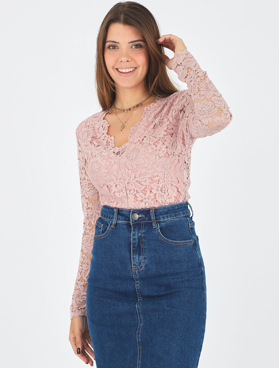 Body en dentelle à manches longues - Rose - 1