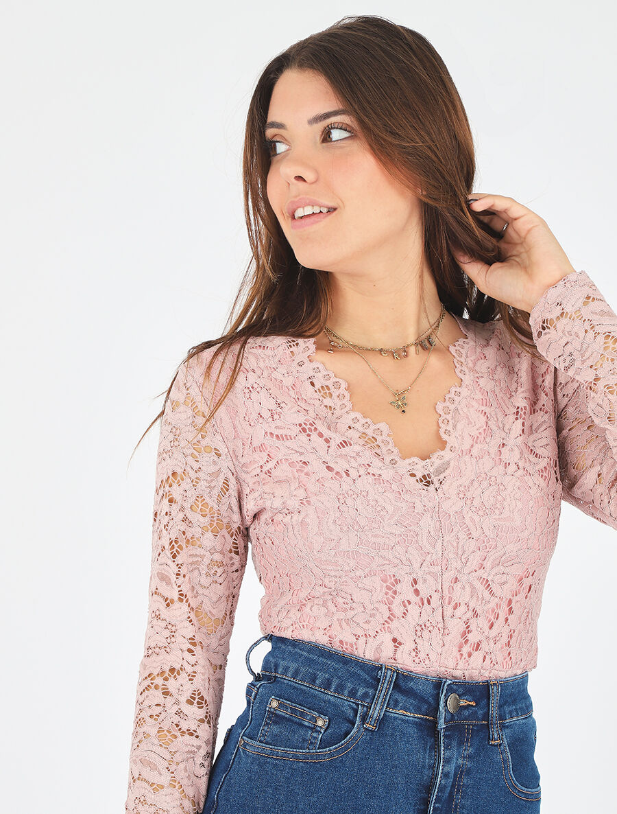 Body en dentelle à manches longues - Rose - 3