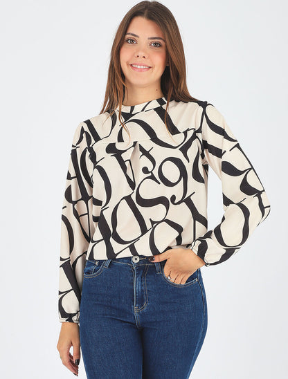 Top col montant imprimé graphique - Beige - 4