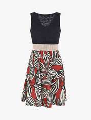 Robe courte évasée imprimé feuilles et dentelle - Brique - 1