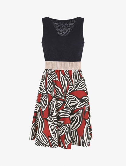 Robe courte évasée imprimé feuilles et dentelle - Brique - 1