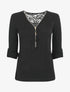 Pull droit uni à zip et dentelle - Noir - 1