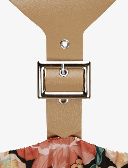 Robe longue coupe patineuse imprimé fleurs estivales à bretelles en simili - Noir - 3