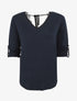 Pull droit dos en V et dentelle - Marine - 1