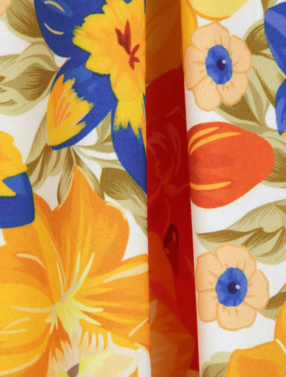 Robe longue coupe patineuse imprimé fleurs estivales à bretelles en simili - Blanc - 4