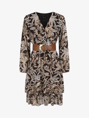 Robe mi-longue motif feuilles - Noir - 1