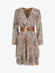 Robe mi-longue motif feuilles - Taupe - 1