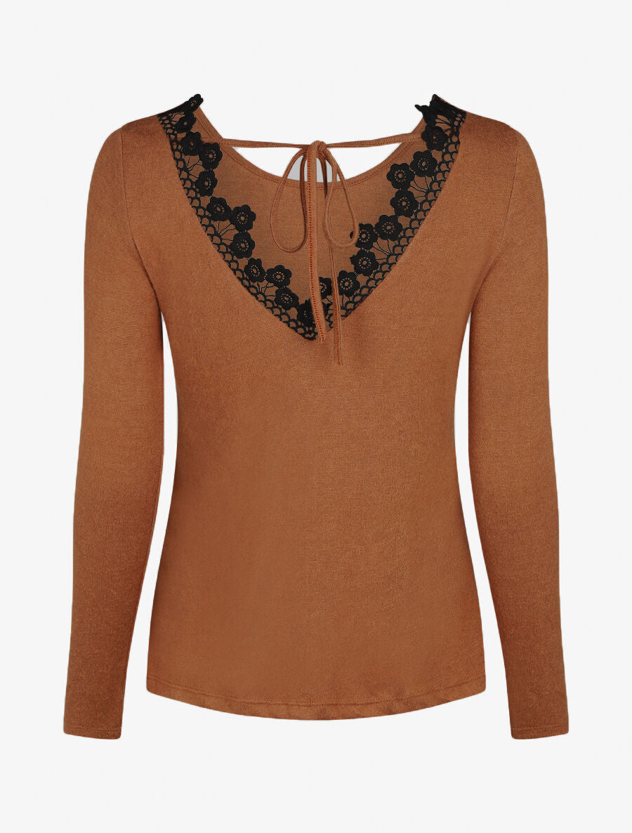 Pull fin droit dos en crochet - Camel - 2