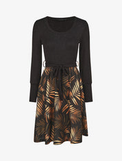Robe mi-longue évasée imprimé feuilles - Noir - 4