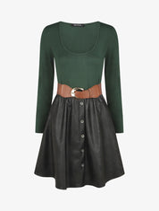 Robe bi-matière courte évasée simili - Vert foncé - 1