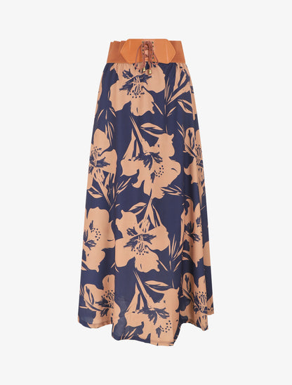 Jupe longue à taille haute imprimé floral - Marine - 1