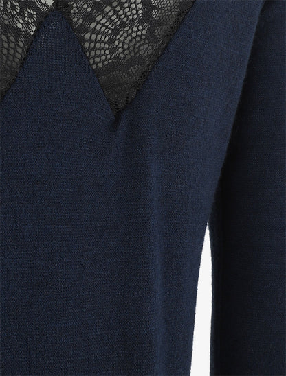 Pull droit dos en V dentelle - Marine - 3