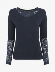 Pull droit uni col et manches en dentelle - Marine - 1