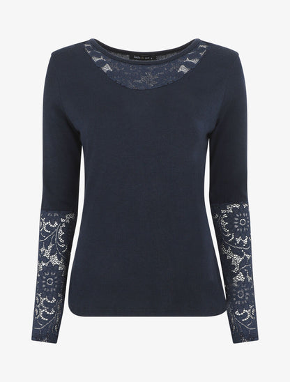 Pull droit uni col et manches en dentelle - Marine - 1