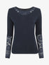 Pull droit uni col et manches en dentelle - Marine - 1